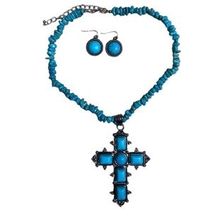 ⭐️  Costume jewelry- turquoise necklace, cross pendant & earring